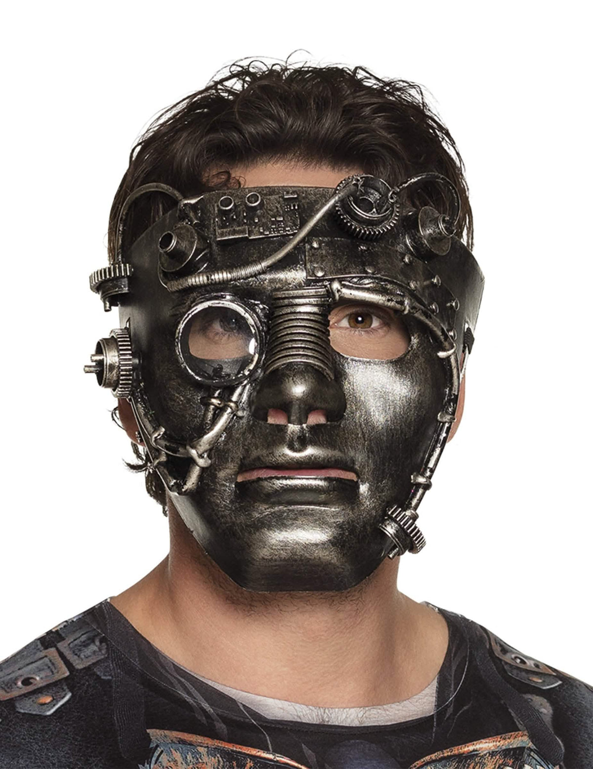 Masque visage Steampunk pour adulte chromé avec détails mécaniques