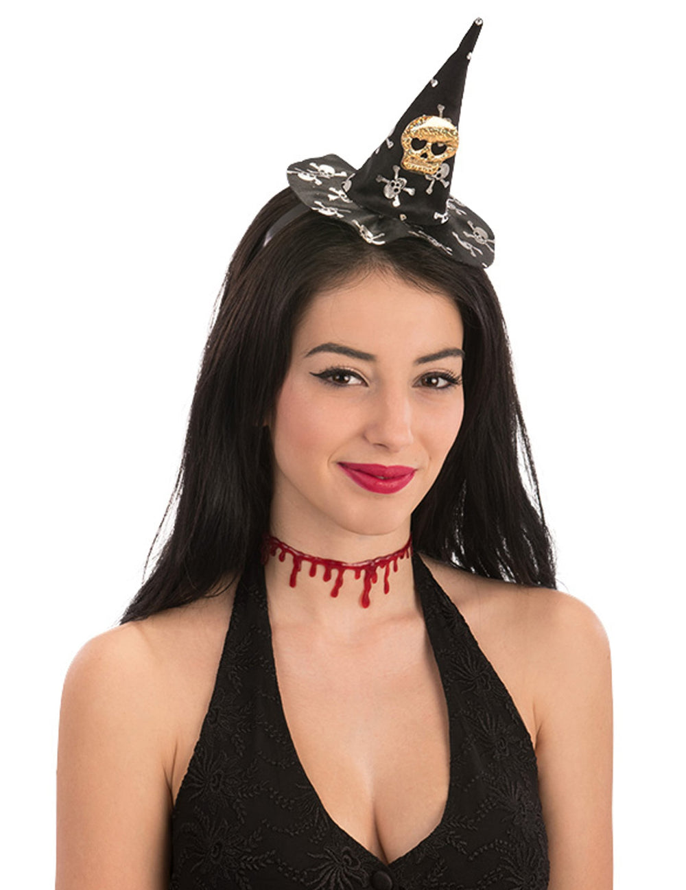 Mini chapeau de sorcière tête de mort Halloween pour femme noir avec crânes blancs et dorés