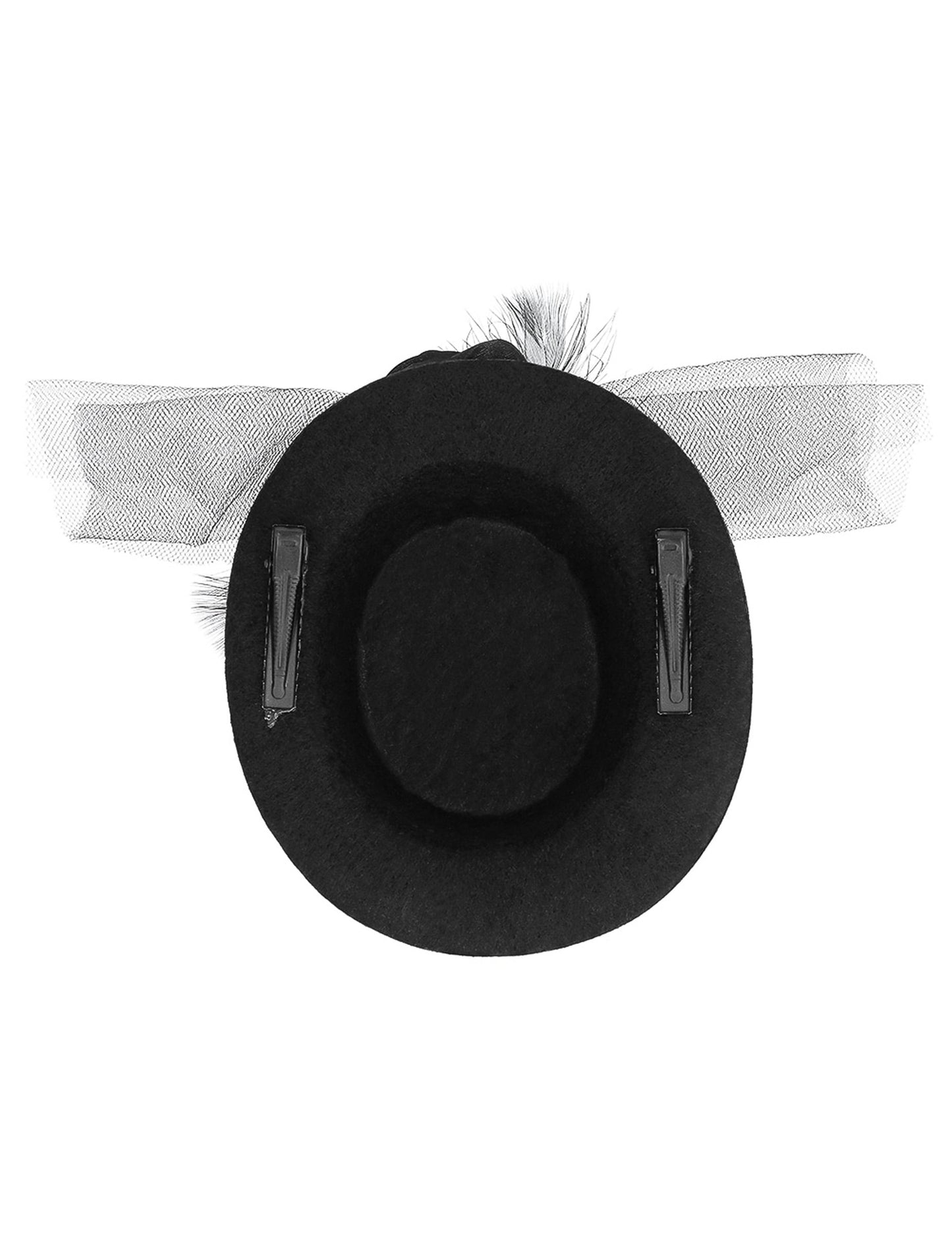 Détail du système d'attache par pinces du mini chapeau pour femme noir