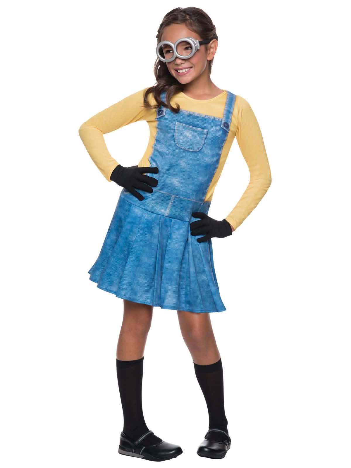 Minionit-tyttöjen keltainen ja sininen mekkoasu silmälaseilla