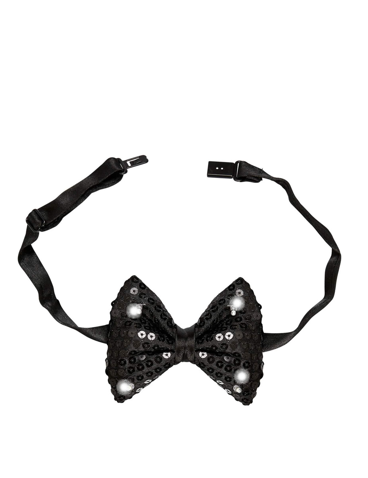 Détail du système d'attache du noeud papillon à sequins et LED clignotantes pour adulte noir