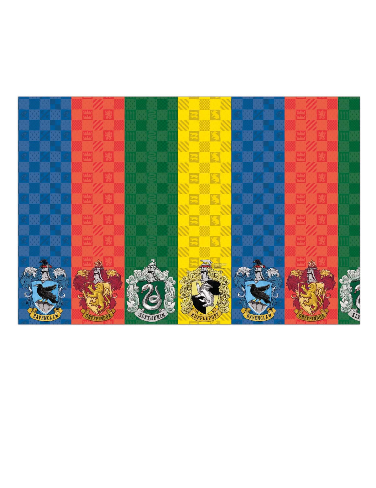 Harry Potter -paperipöytäliina monivärinen juhliin, jossa on Tylypahkan tupien vaakunat