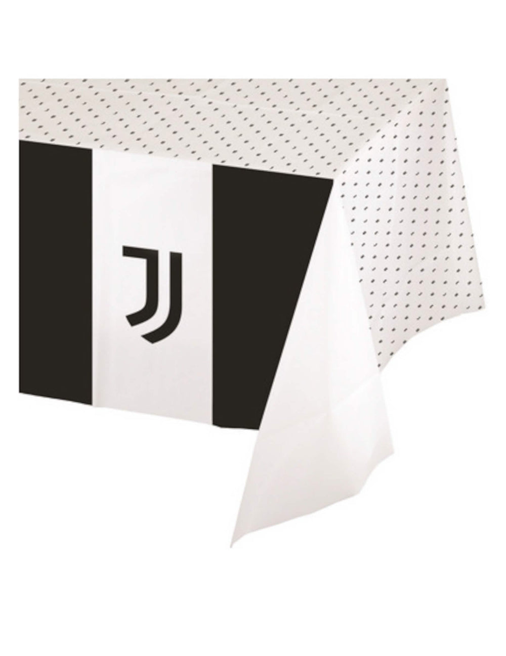 juventus mustavalkoinen paperipöytäliina, jossa on logo ja pilkkukuviot