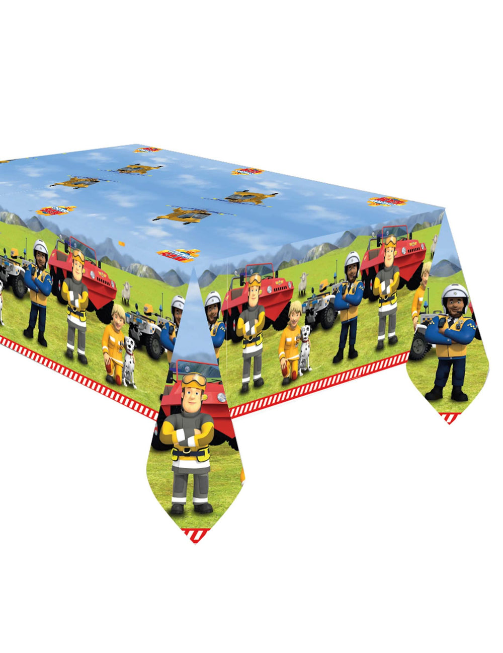 Nappe en papier Sam le Pompier pour enfant bleue et verte avec personnages et véhicules