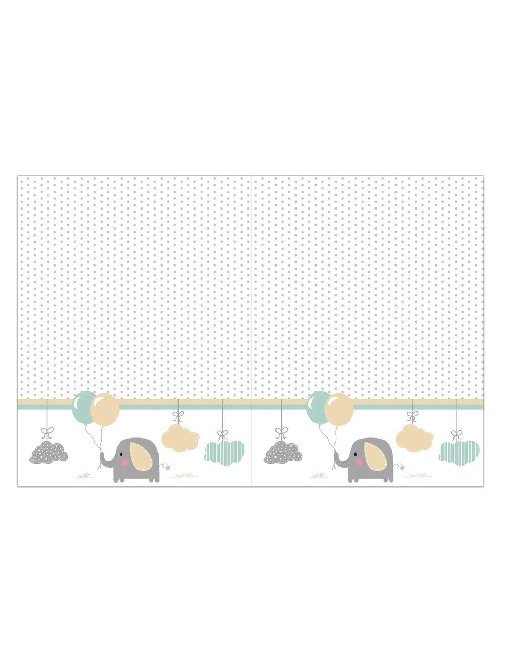 Nappe en plastique bébé éléphant pour baby shower blanche à pois gris avec motifs pastel