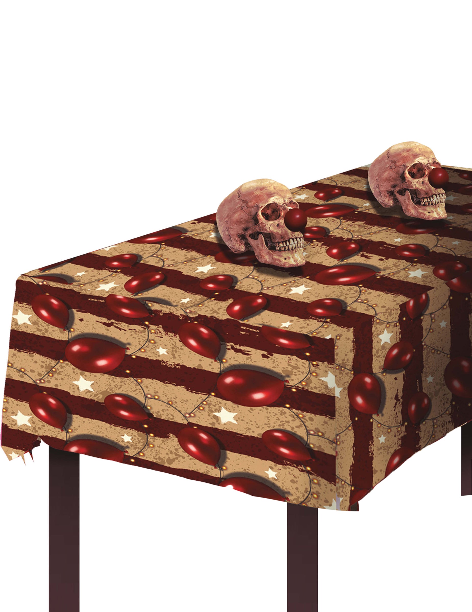 Nappe en plastique circus terrifiant pour Halloween beige et rouge à rayures avec motifs ballons et étoiles