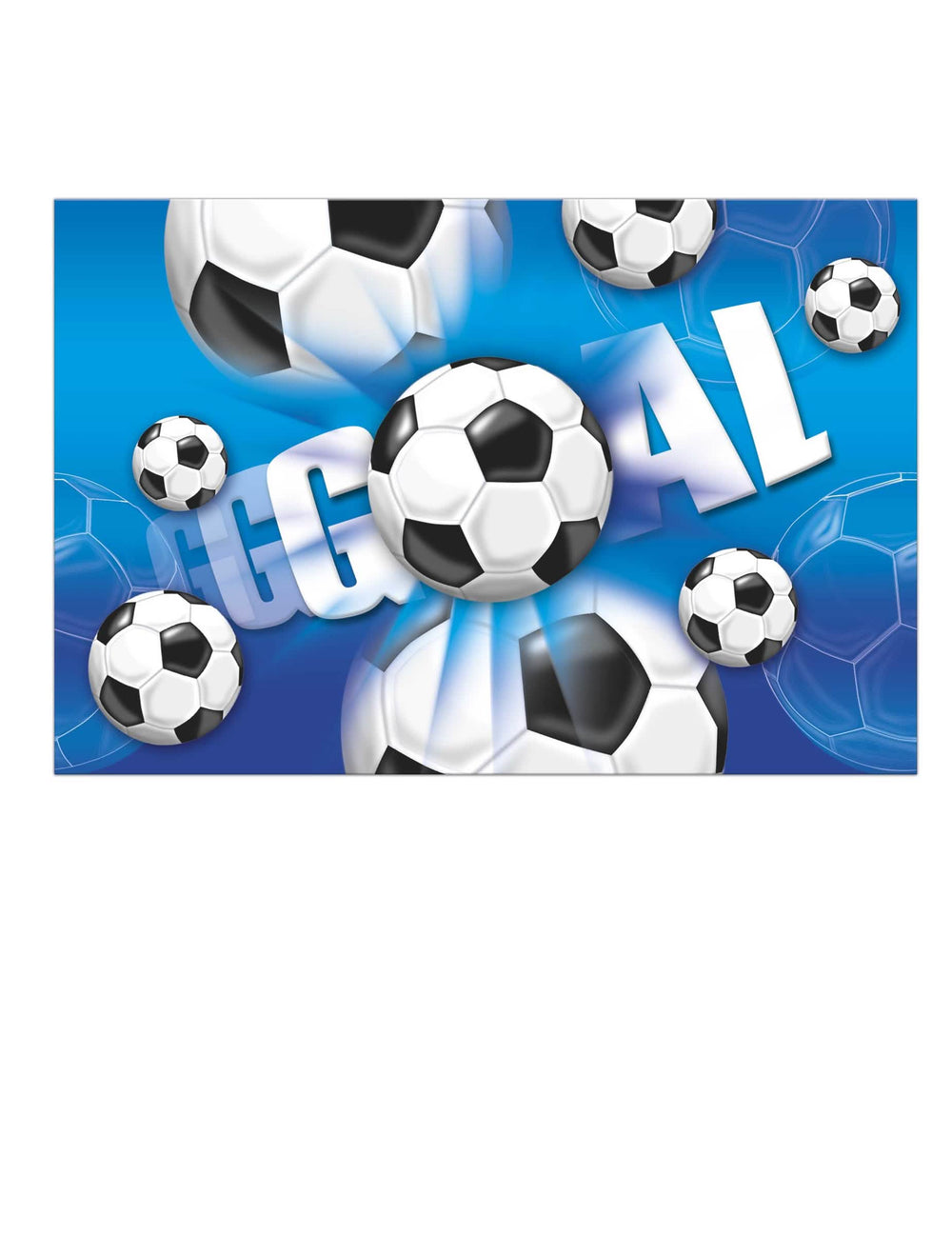 Muovinen jalkapalloteemainen sininen pöytäliina, jossa on jalkapalloja ja teksti Goal