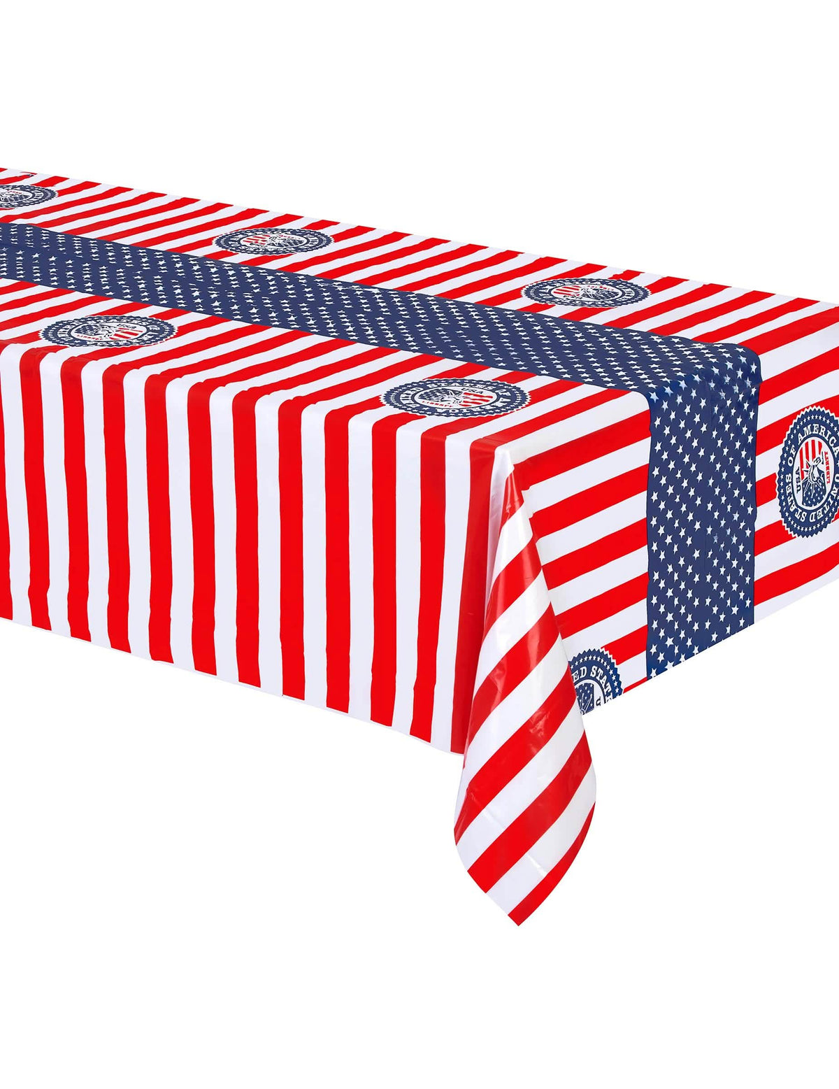 Pöytäliina usa-juhlaan, raidallinen punainen ja valkoinen, sinisellä tähtiraidalla