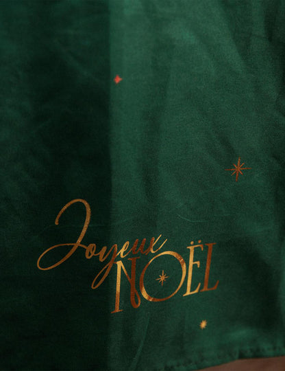 Havunvihreä ja kultainen Joyeux Noël -kangaspöytäliina 140 x 240 cm