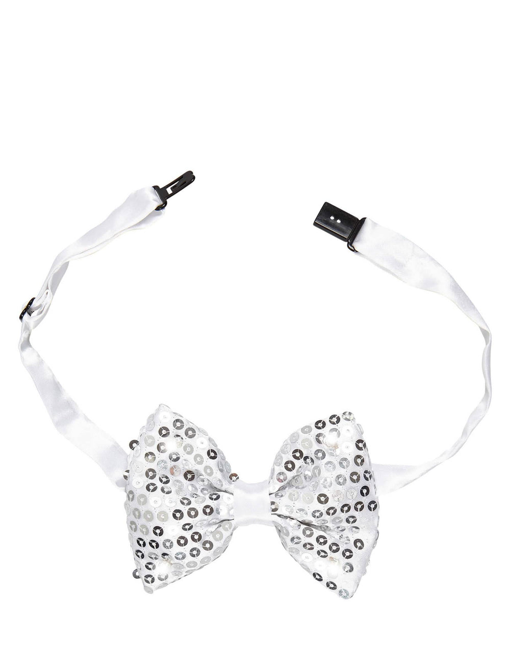 Détail du système d'attache du noeud papillon avec sequins et LED clignotantes