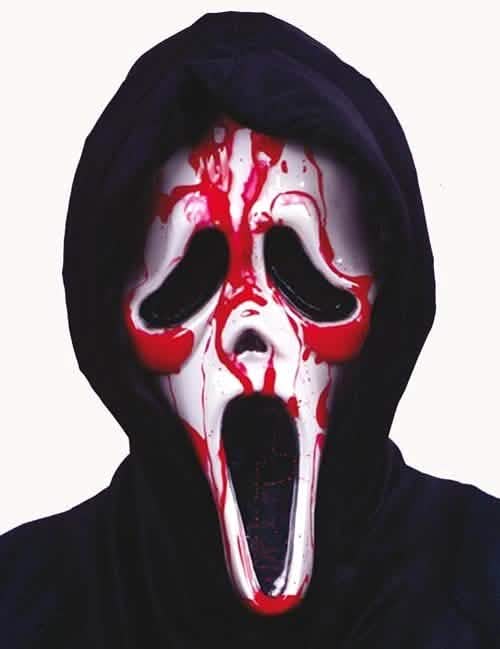 Verinen Scream-aikuisten valkoinen naamio punaisilla veritahroilla ja mustalla hupulla