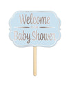 Panneau en carton Welcome to the baby shower bleu avec tige en bois