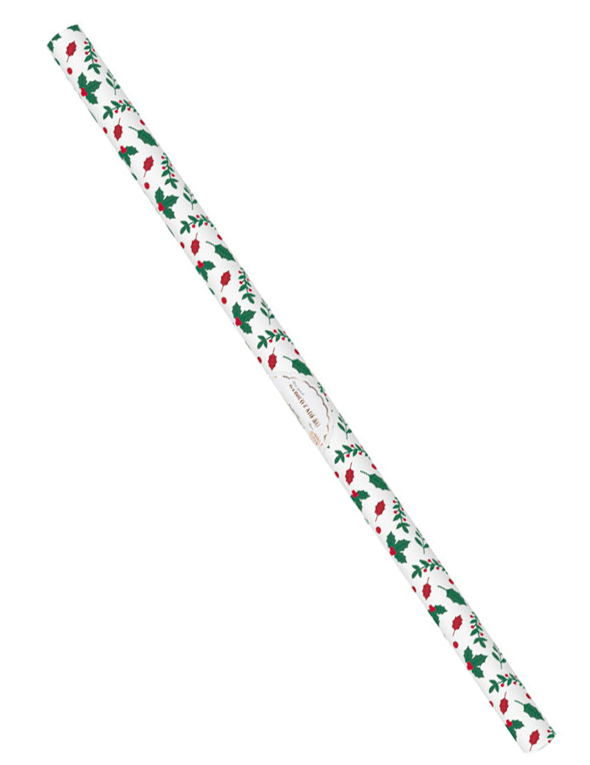 Papier cadeau houx de Noël blanc avec motifs verts et rouges