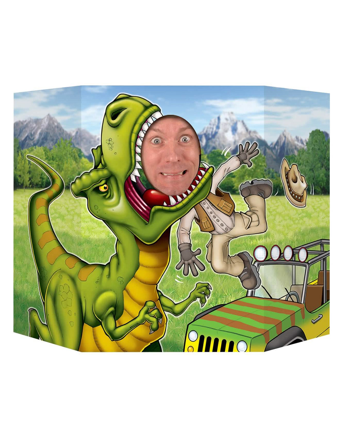 Passe tête dinosaure pour adulte vert avec explorateur et jeep