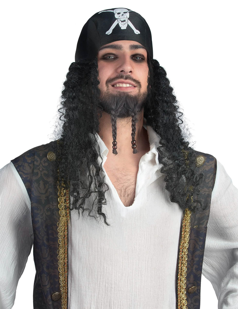Perruque bandana pirate pour adulte noire aux cheveux bouclés avec barbichette tressée