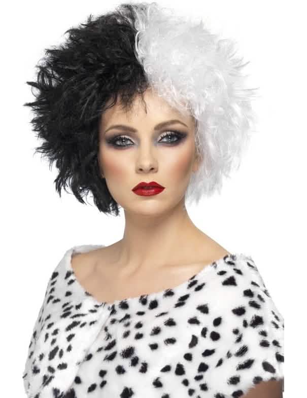 Perruque cruelle Halloween pour femme bicolore noire et blanche