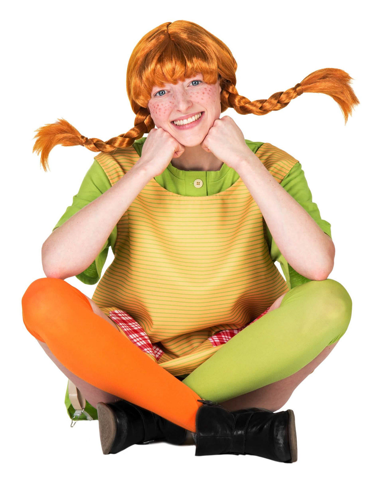 Pippi Pitkätossu™ -peruukki naisille, punatukkainen, vaakasuorilla letillä