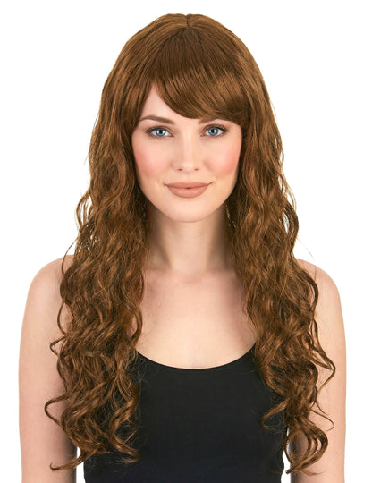 Perruque glamour longue pour femme châtain avec boucles