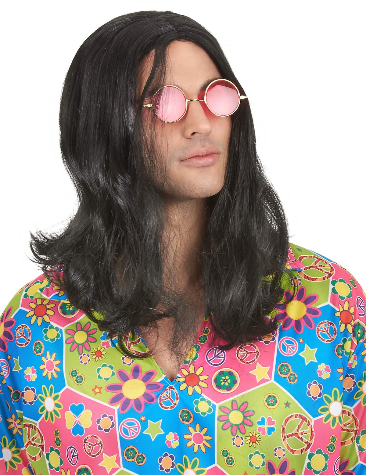 Perruque hippie pour homme noire longue avec lunettes roses