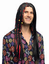 Perruque hippie pour homme noire avec tresses et perles colorées