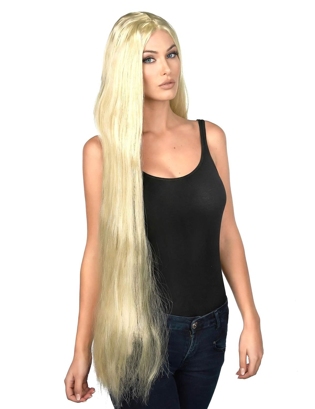 Vue de trois-quarts de la perruque longue blonde pour femme