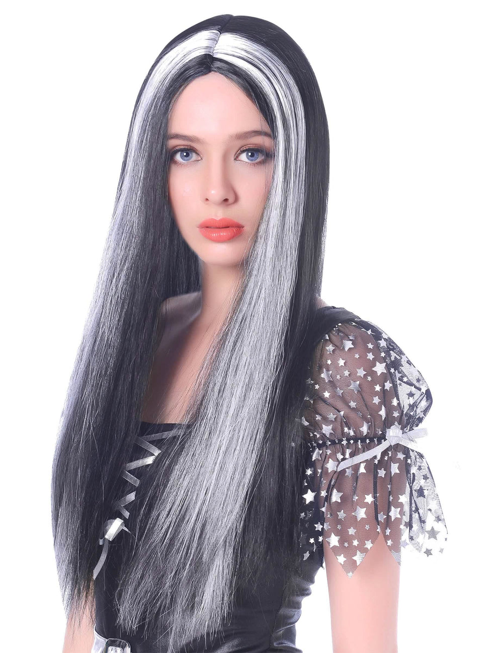 Pitkät mustavalkoiset naiset-peruukki valkoisilla etuhiuksilla