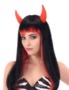 Perruque longue de diable pour femme noire et rouge avec cornes