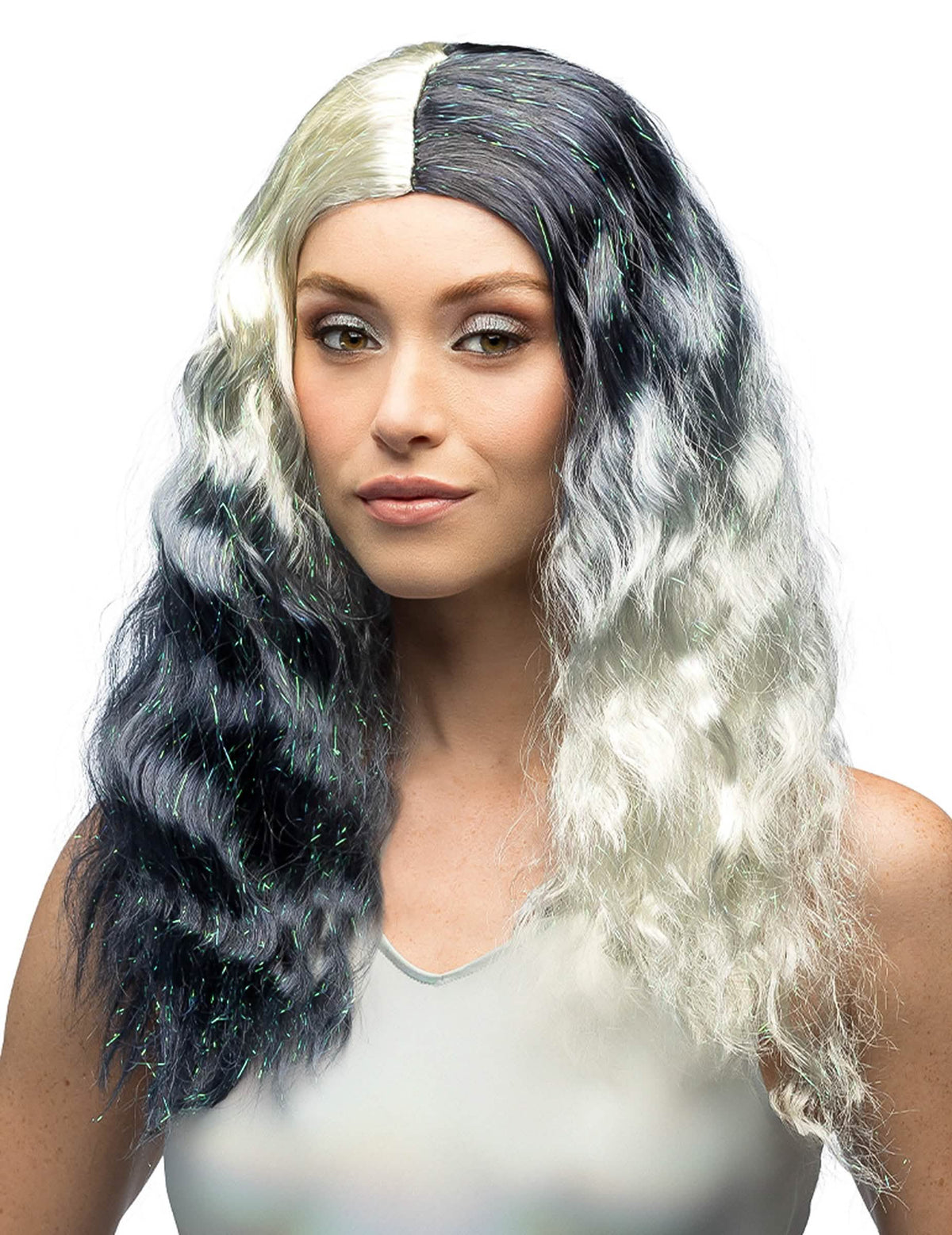 Perruque ondulée noire et blanche pour femme à reflets métalliques