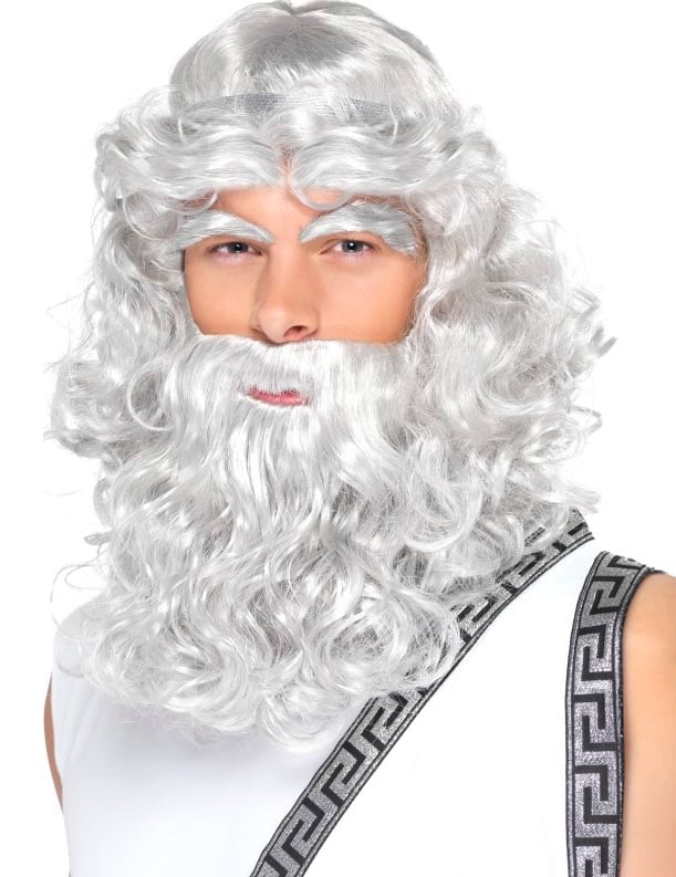 Zeus-peruukki miehet valkoinen kihara parta ja kulmakarvat