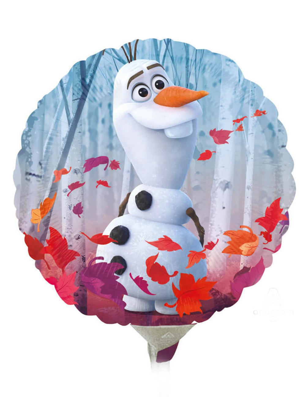 Olafin kasvot, joita ympäröivät syksyn lehdet, pyöreä foliopallo Frozen 2
