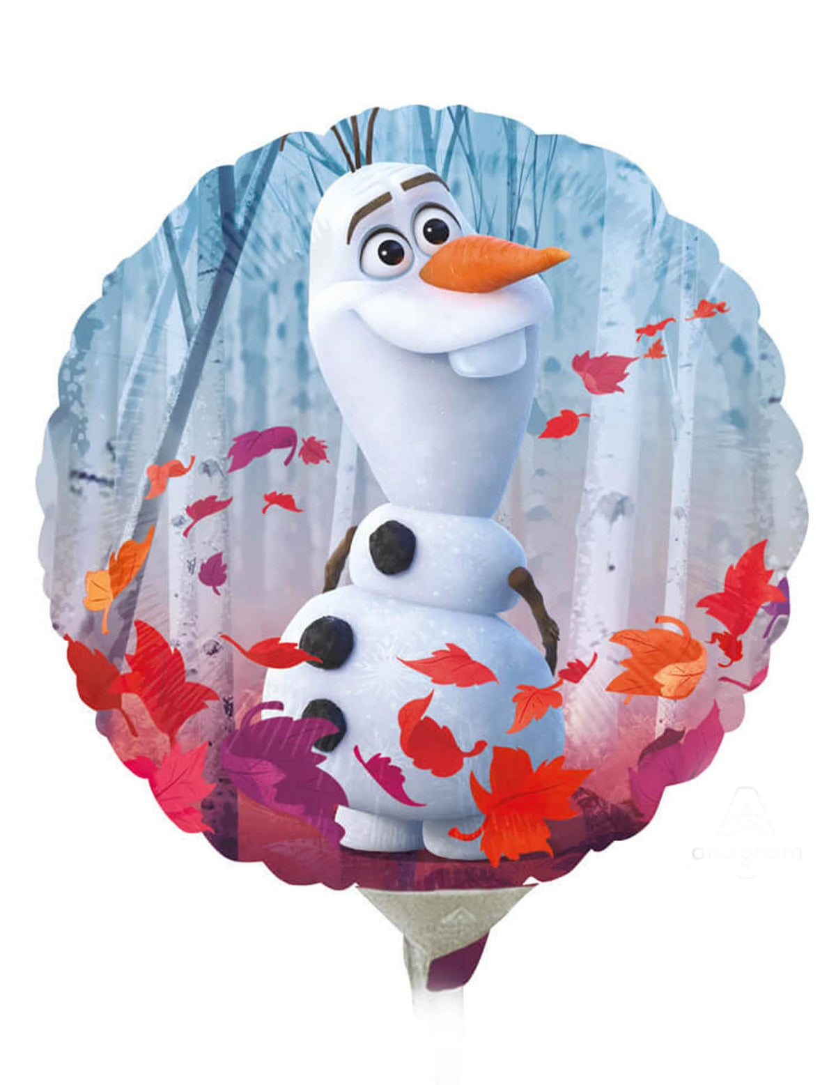 Olafin kasvot, joita ympäröivät syksyn lehdet, pyöreä foliopallo Frozen 2