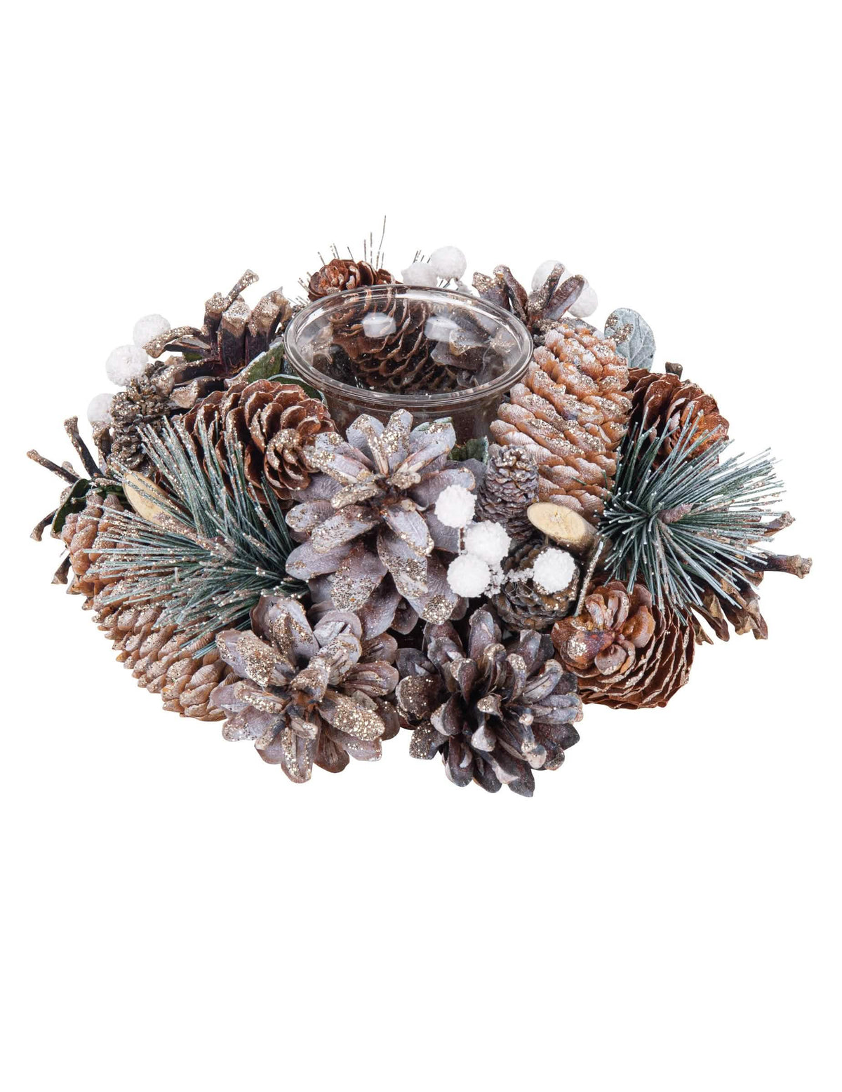 Photophore forêt enchantée pour décoration en verre et bois avec pommes de pin enneigées