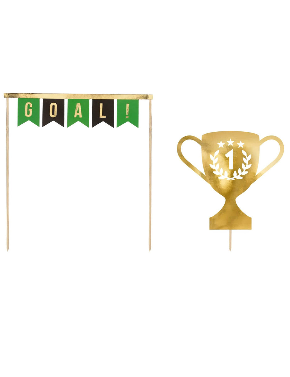 Kultaiset, vihreät ja mustat jalkapallotäytteiset kakkukoristeet, joissa on Goal-banderolli ja pokaali