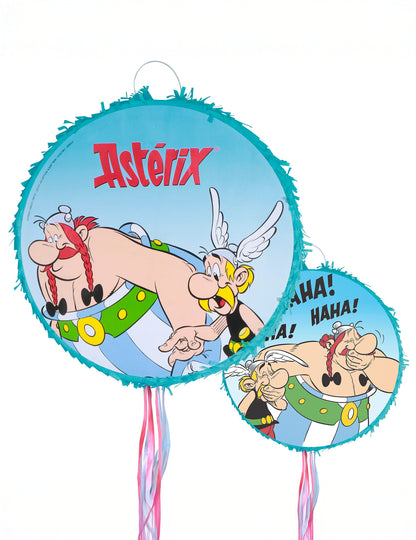 Piñata Astérix pour enfant bleue avec rubans et illustration d'Astérix et Obélix