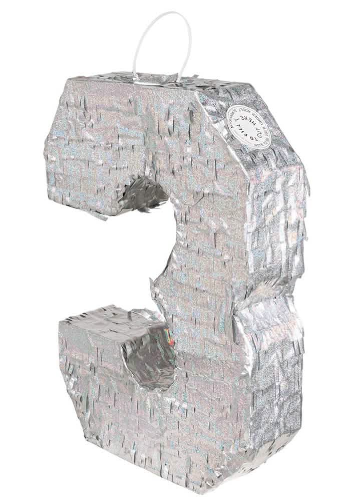 Piñata chiffre 3 pour anniversaire holographique argent