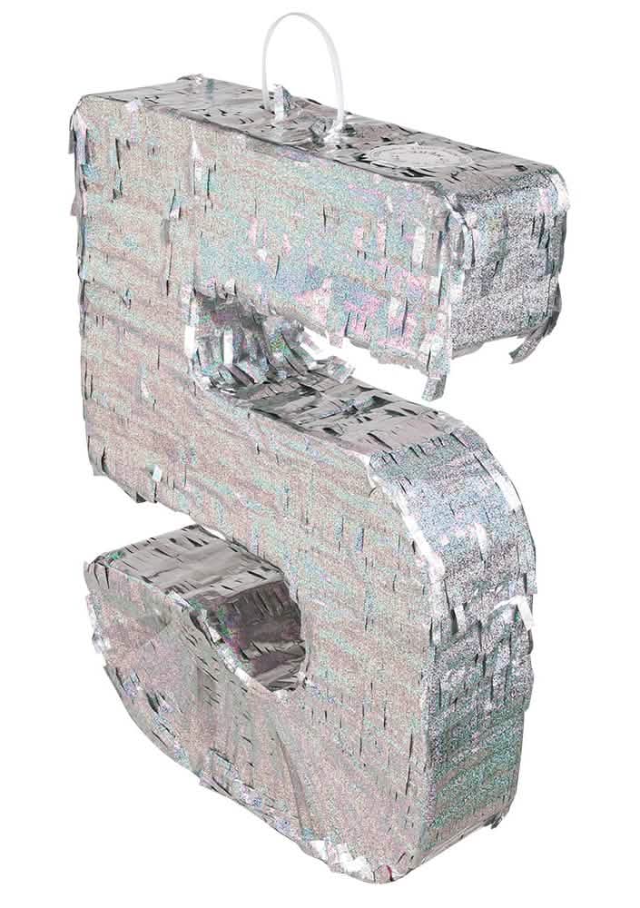 Piñata chiffre 5 pour anniversaire holographique argent