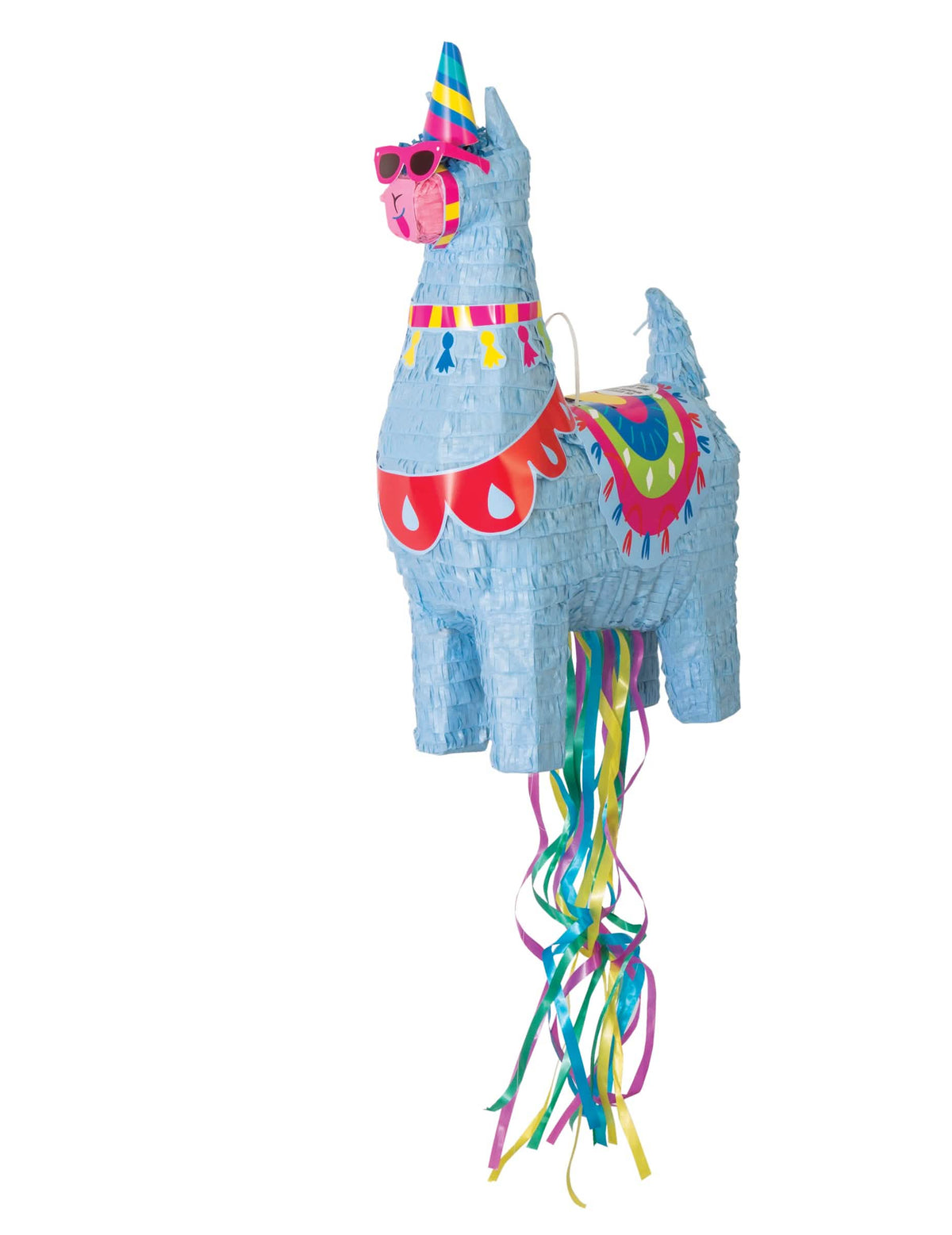 Piñata-laama juhliin, sininen, vaaleanpunaisilla silmälaseilla ja kartiohatulla