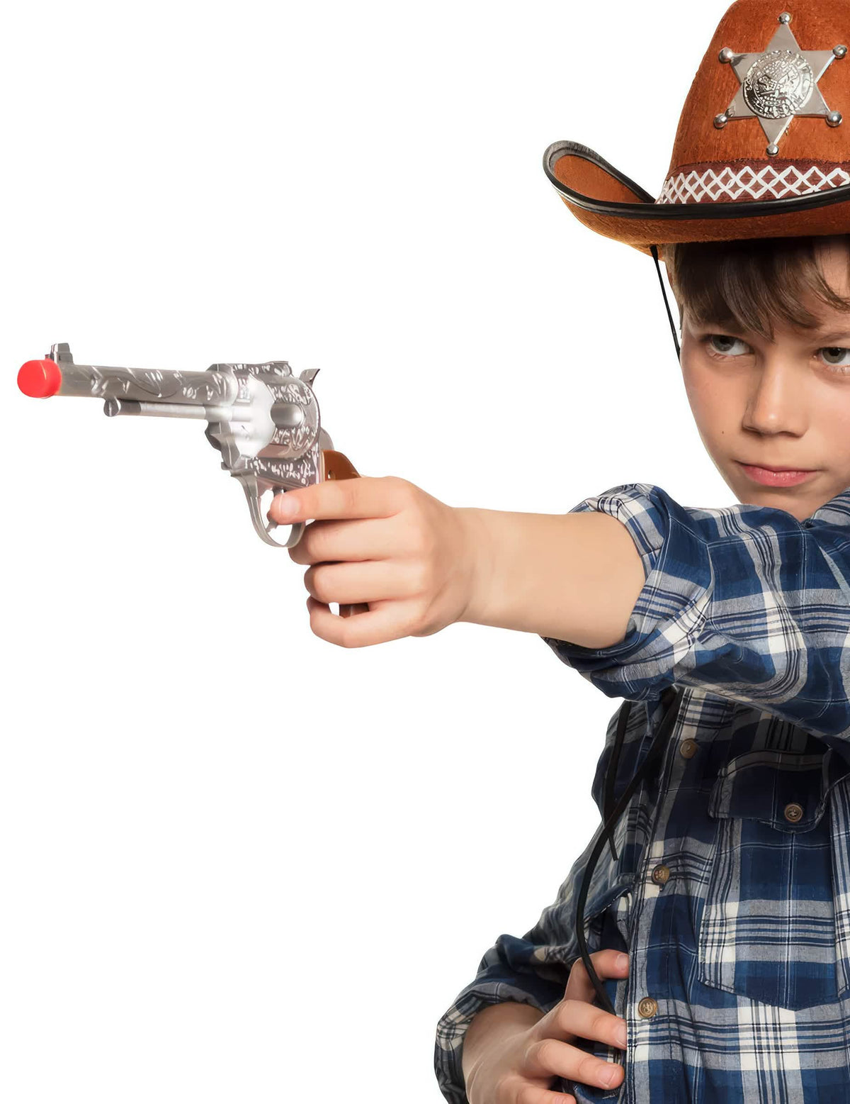 äänellinen cowboy-lelupyssy lapsille hopea kahvalla ruskea ja punainen kärki