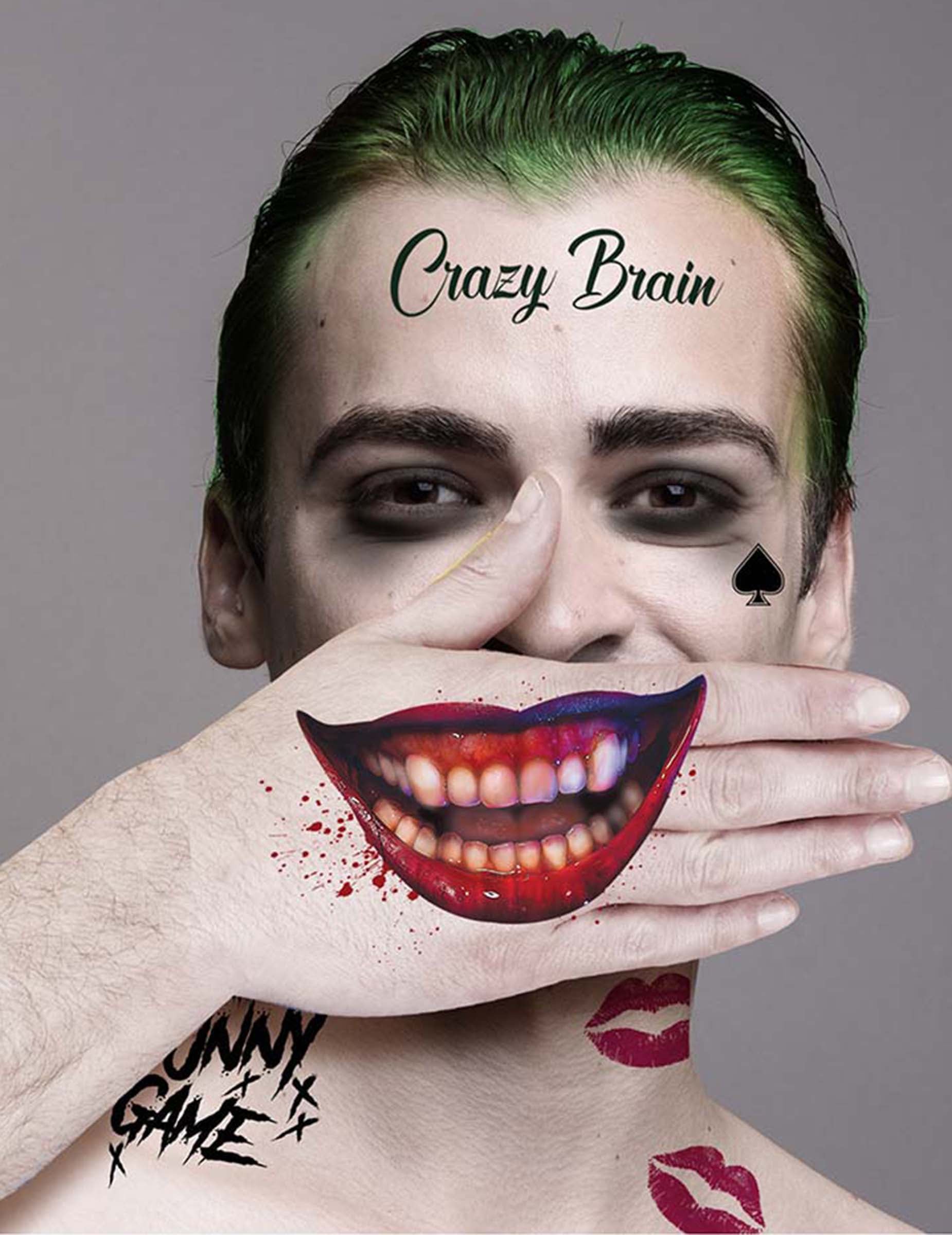 Planche de tatouages joker maléfique pour adulte multicolore avec sourire et lettrages noirs