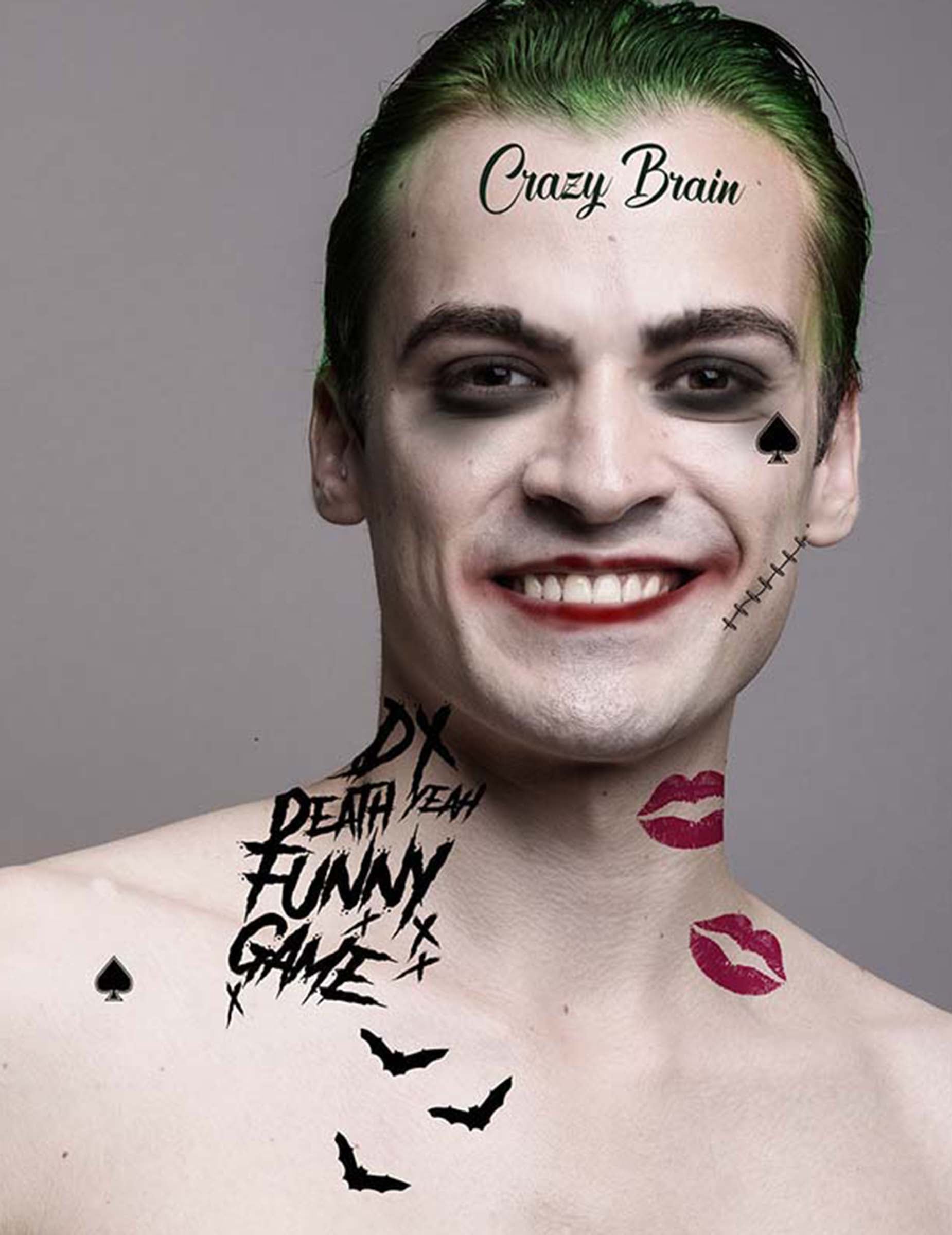 Détail des tatouages appliqués sur le visage et le cou de la planche de tatouages joker maléfique