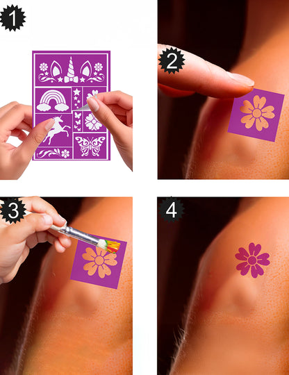 Étapes d'utilisation des pochoirs de maquillage licornes et arc-en-ciel