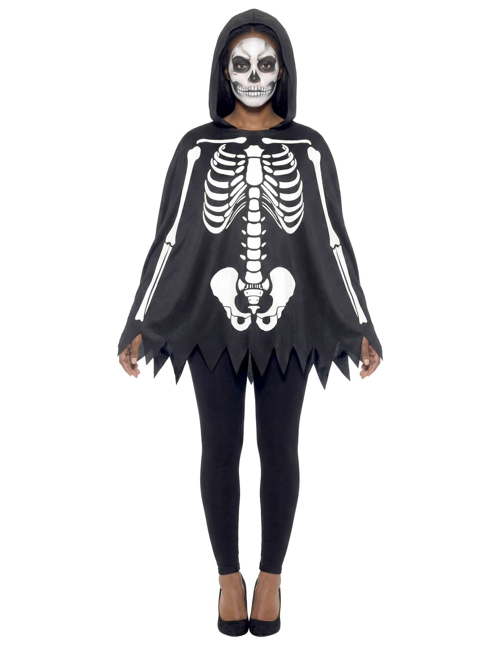 Poncho squelette pour adulte noir et blanc avec capuche