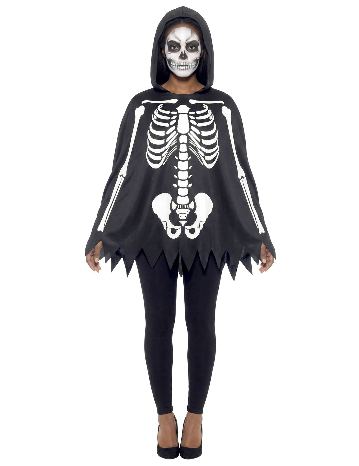 Poncho squelette pour adulte noir et blanc avec capuche