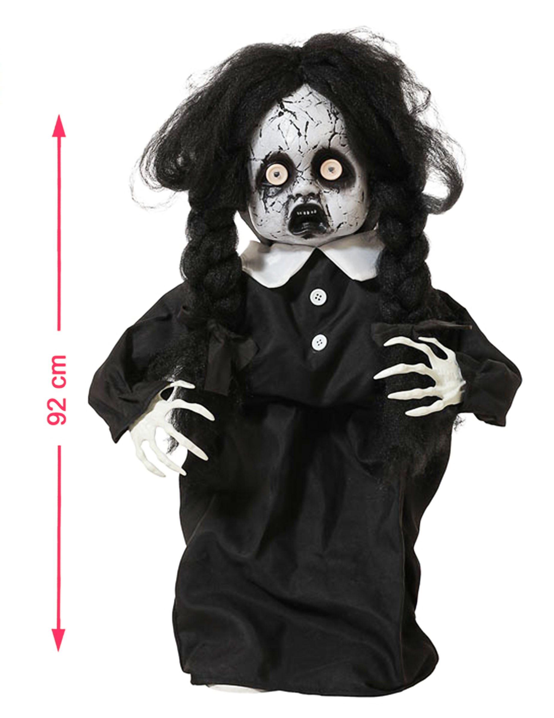 Poupée gothique animée et lumineuse pour Halloween noire et blanche avec tresses