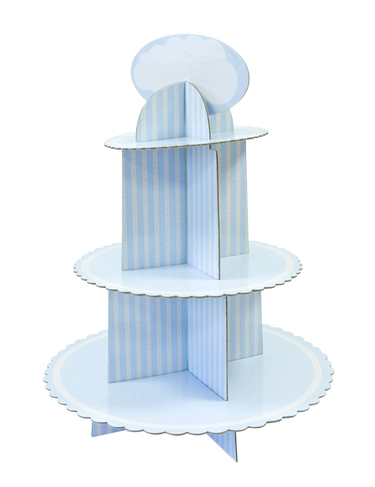 Présentoir à cupcake en carton pour baby shower bleu et blanc à rayures