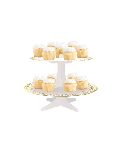 Présentoir à cupcake en carton pour fête blanc et or