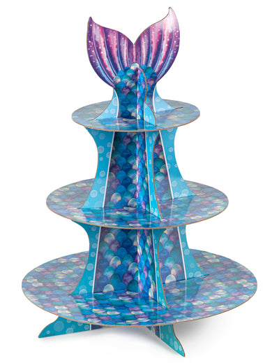 Présentoir à cupcake sirène pour fête violet et bleu avec motifs d'écailles et queue de sirène