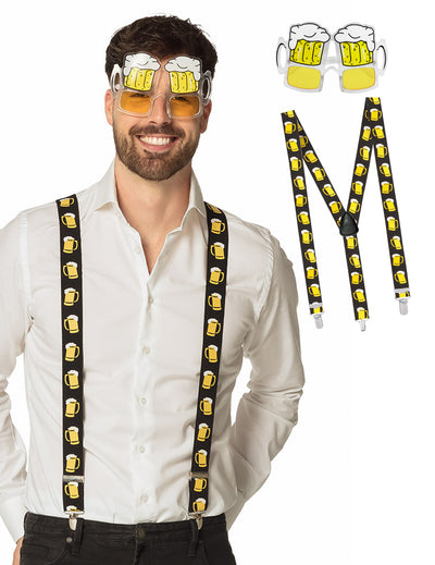 Kit bretelles et lunettes bière pour adulte jaune et noir à motifs de chopes