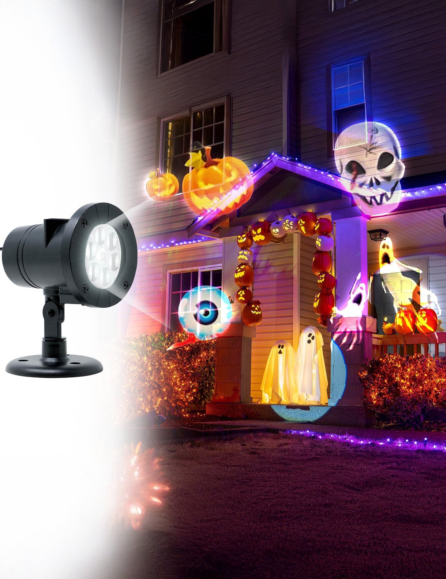 Projection des motifs d'Halloween sur une façade du projecteur silhouettes led Noël et Halloween