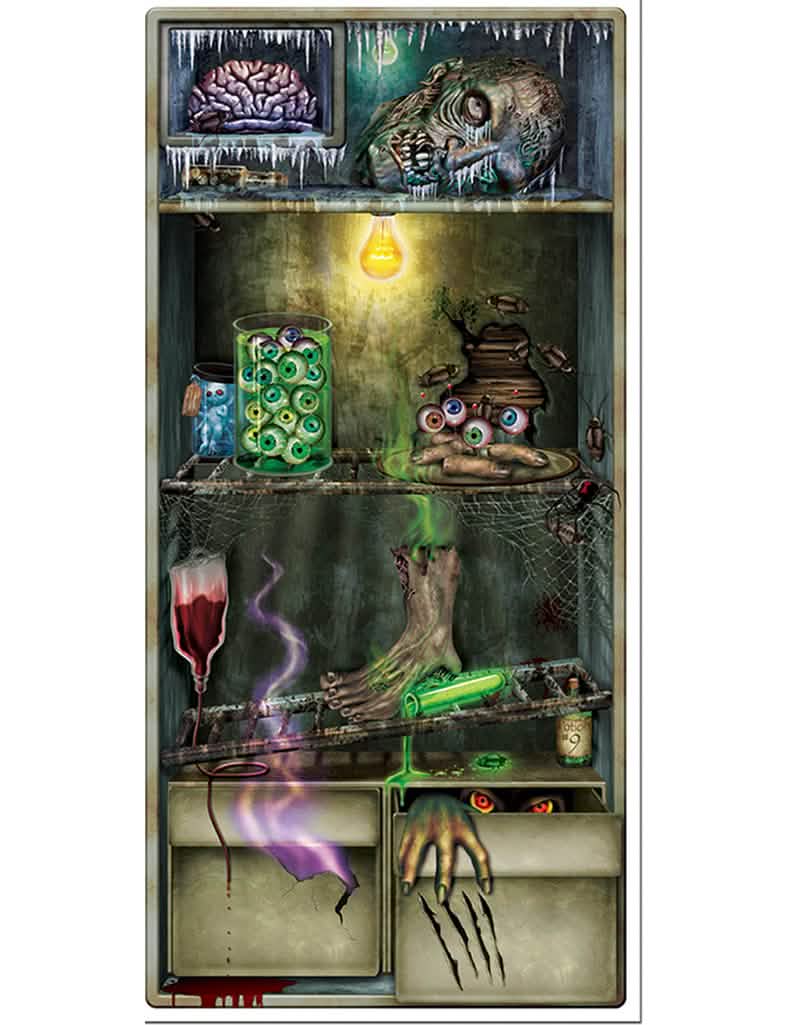Décoration de porte réfrigérateur horrible pour Halloween verte et ensanglantée avec membres de zombies